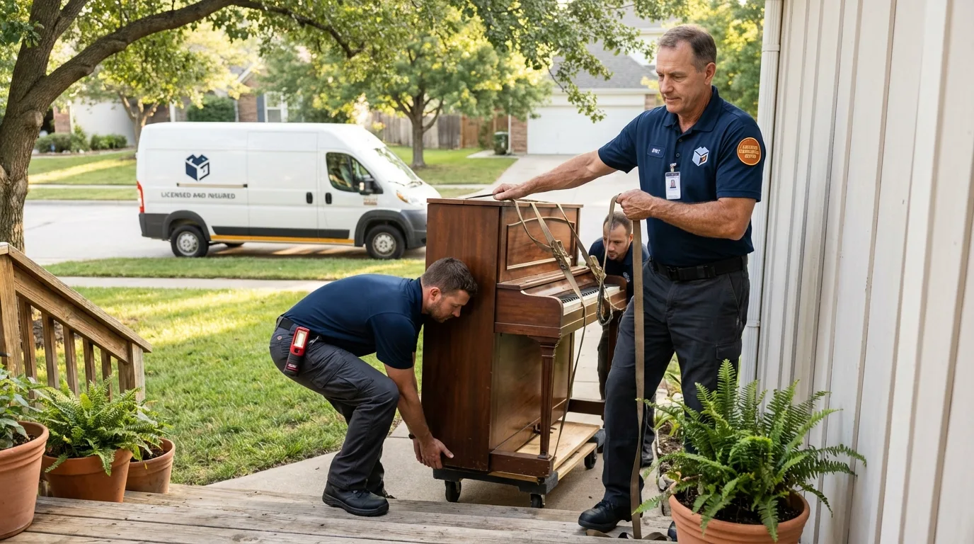 Licensed piano movers securing grand piano in Susanville, CA
