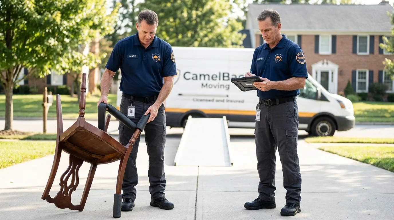 Movers inspecting furniture for damage prevention before loading in Susanville, CA