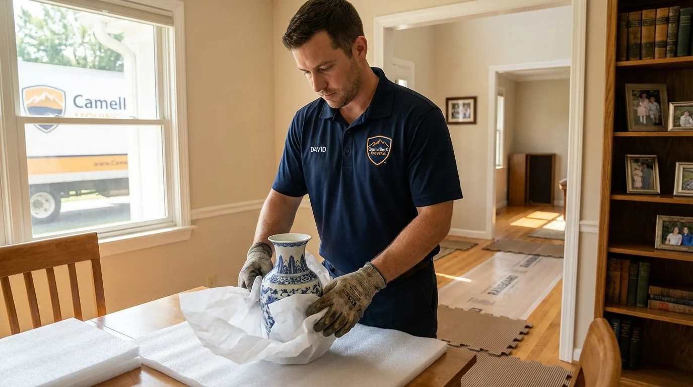 Professional crew carefully wrapping antique vase for senior downsizing move in Susanville, CA